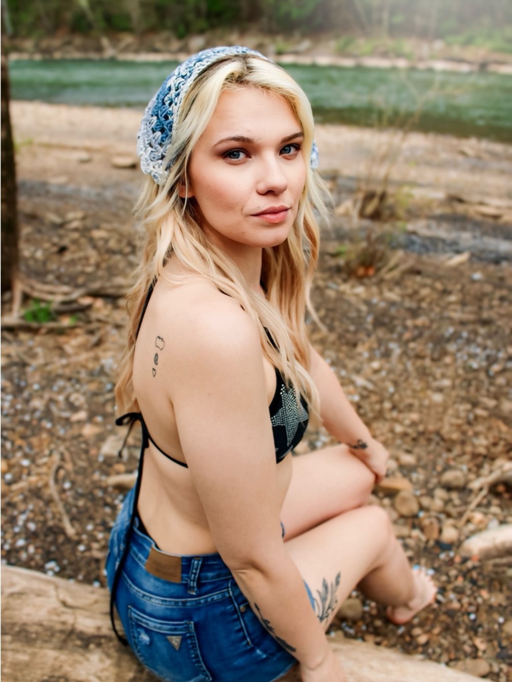 Handmade Blue and White Crocheted head scarf